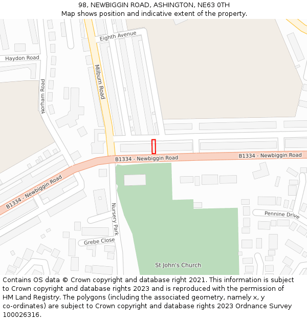 98, NEWBIGGIN ROAD, ASHINGTON, NE63 0TH: Location map and indicative extent of plot