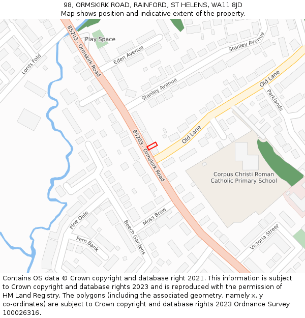 98, ORMSKIRK ROAD, RAINFORD, ST HELENS, WA11 8JD: Location map and indicative extent of plot