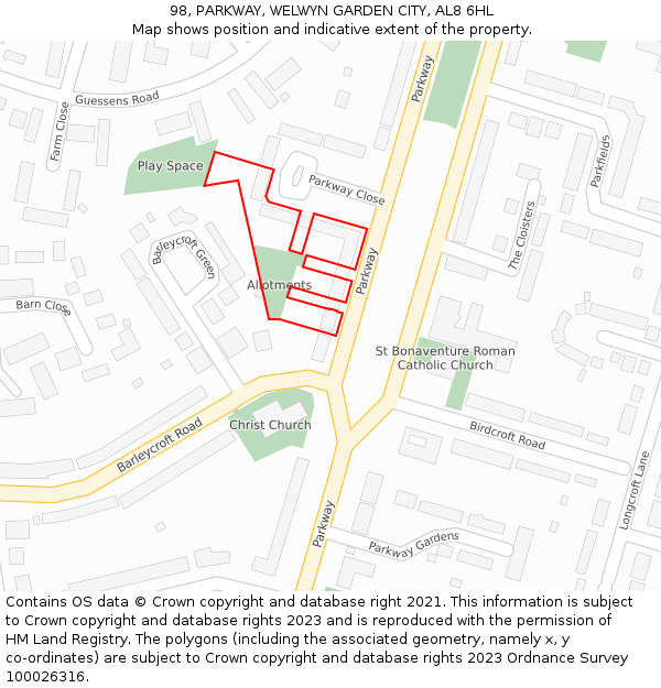 98, PARKWAY, WELWYN GARDEN CITY, AL8 6HL: Location map and indicative extent of plot