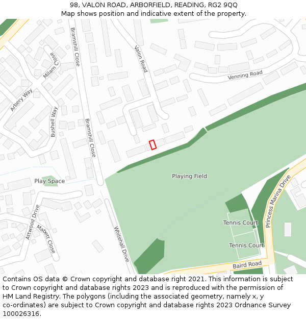 98, VALON ROAD, ARBORFIELD, READING, RG2 9QQ: Location map and indicative extent of plot