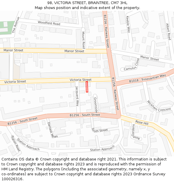 98, VICTORIA STREET, BRAINTREE, CM7 3HL: Location map and indicative extent of plot