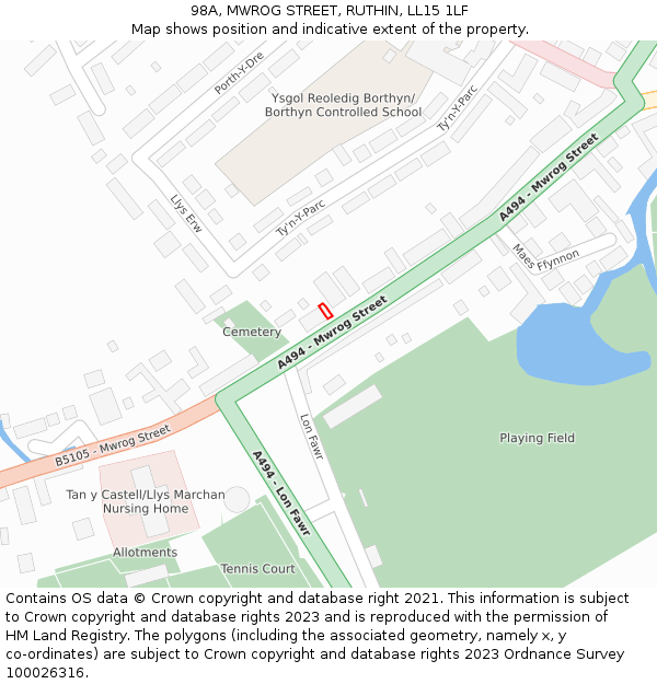 98A, MWROG STREET, RUTHIN, LL15 1LF: Location map and indicative extent of plot