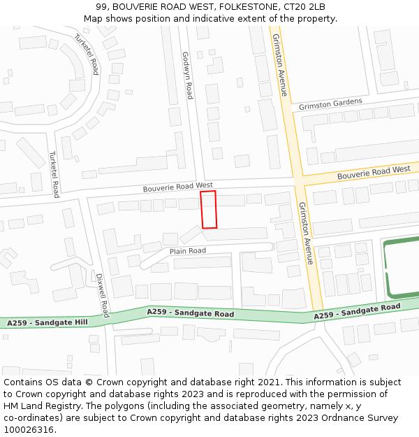 99, BOUVERIE ROAD WEST, FOLKESTONE, CT20 2LB: Location map and indicative extent of plot