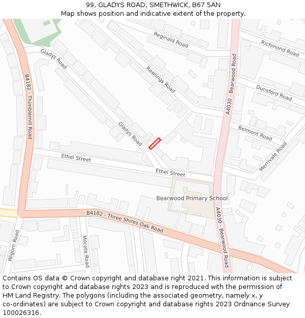 99, GLADYS ROAD, SMETHWICK, B67 5AN: Location map and indicative extent of plot