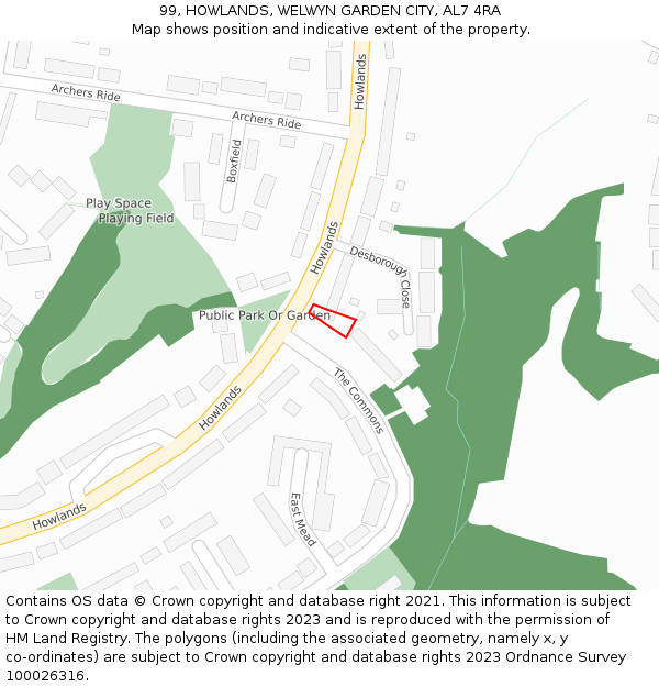 99, HOWLANDS, WELWYN GARDEN CITY, AL7 4RA: Location map and indicative extent of plot