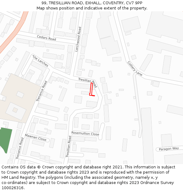 99, TRESILLIAN ROAD, EXHALL, COVENTRY, CV7 9PP: Location map and indicative extent of plot