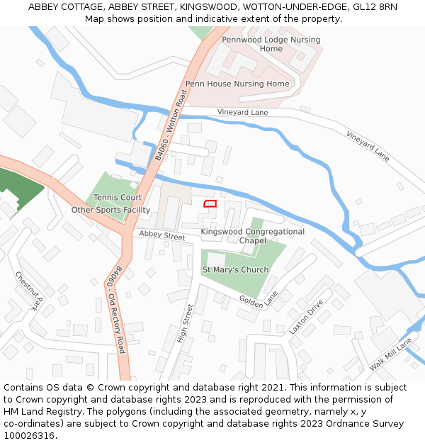 ABBEY COTTAGE, ABBEY STREET, KINGSWOOD, WOTTON-UNDER-EDGE, GL12 8RN: Location map and indicative extent of plot