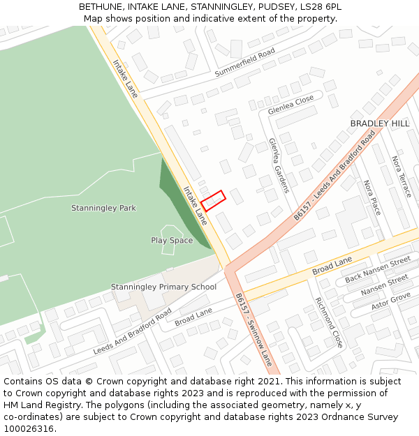 BETHUNE, INTAKE LANE, STANNINGLEY, PUDSEY, LS28 6PL: Location map and indicative extent of plot