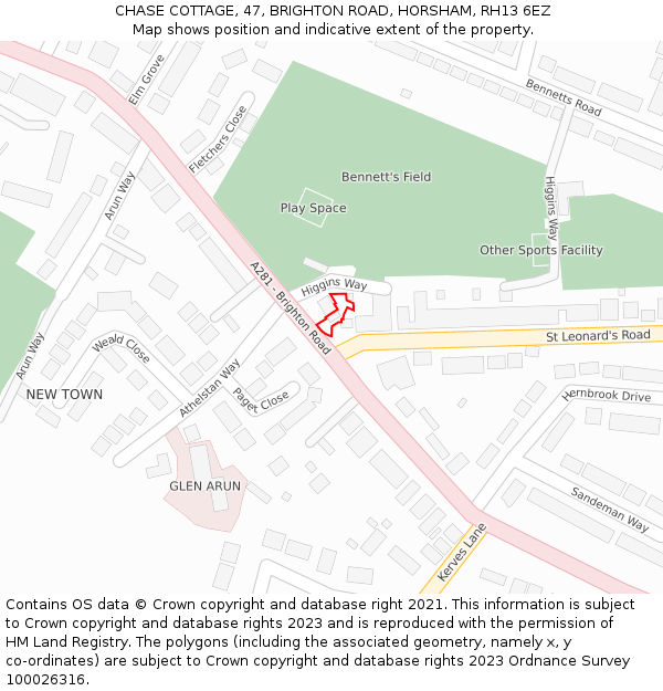 CHASE COTTAGE, 47, BRIGHTON ROAD, HORSHAM, RH13 6EZ: Location map and indicative extent of plot
