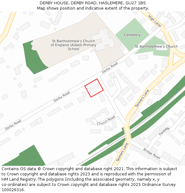 DERBY HOUSE, DERBY ROAD, HASLEMERE, GU27 1BS: Location map and indicative extent of plot