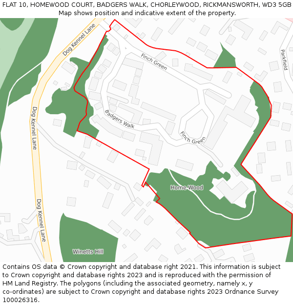 FLAT 10, HOMEWOOD COURT, BADGERS WALK, CHORLEYWOOD, RICKMANSWORTH, WD3 5GB: Location map and indicative extent of plot