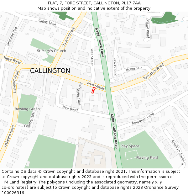 FLAT, 7, FORE STREET, CALLINGTON, PL17 7AA: Location map and indicative extent of plot