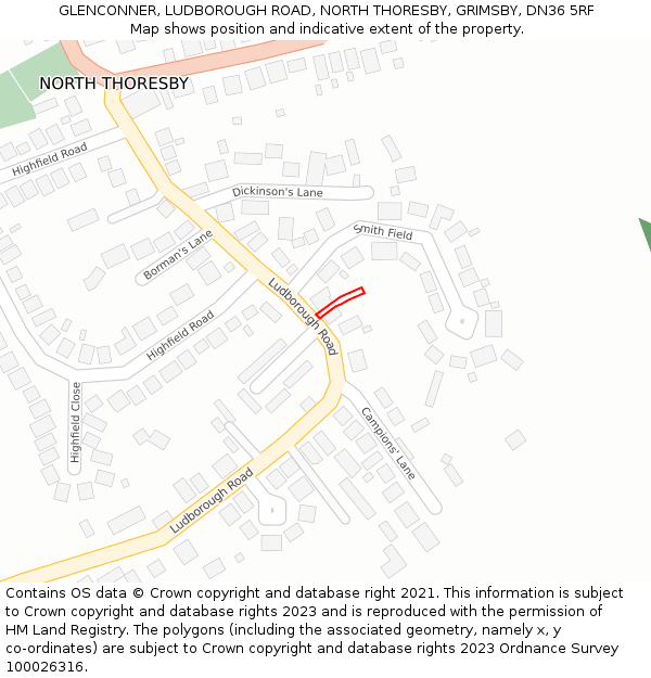 GLENCONNER, LUDBOROUGH ROAD, NORTH THORESBY, GRIMSBY, DN36 5RF: Location map and indicative extent of plot