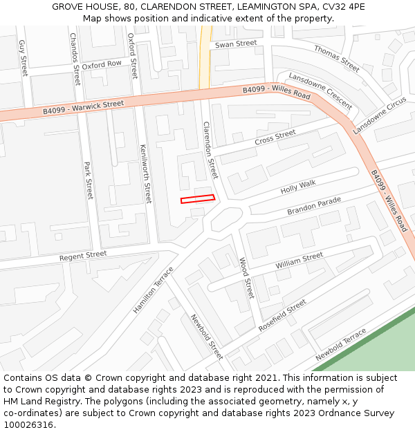GROVE HOUSE, 80, CLARENDON STREET, LEAMINGTON SPA, CV32 4PE: Location map and indicative extent of plot