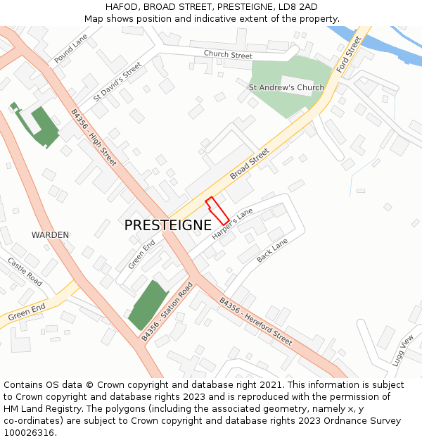 HAFOD, BROAD STREET, PRESTEIGNE, LD8 2AD: Location map and indicative extent of plot