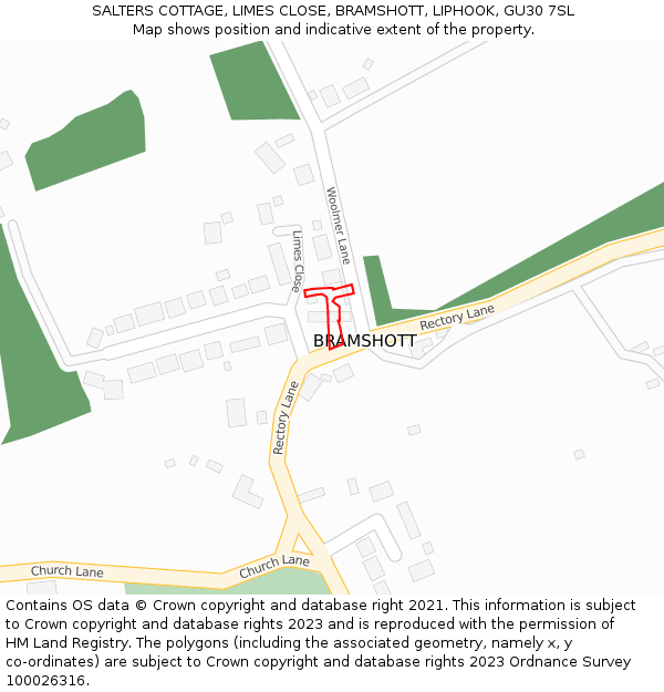SALTERS COTTAGE, LIMES CLOSE, BRAMSHOTT, LIPHOOK, GU30 7SL: Location map and indicative extent of plot
