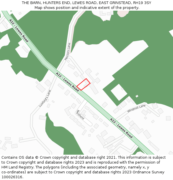 THE BARN, HUNTERS END, LEWES ROAD, EAST GRINSTEAD, RH19 3SY: Location map and indicative extent of plot