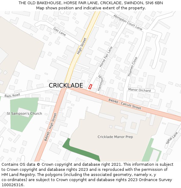 THE OLD BAKEHOUSE, HORSE FAIR LANE, CRICKLADE, SWINDON, SN6 6BN: Location map and indicative extent of plot