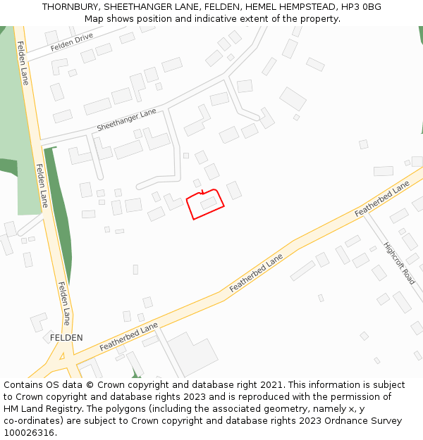 THORNBURY, SHEETHANGER LANE, FELDEN, HEMEL HEMPSTEAD, HP3 0BG: Location map and indicative extent of plot
