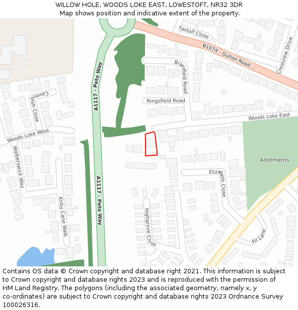 WILLOW HOLE, WOODS LOKE EAST, LOWESTOFT, NR32 3DR: Location map and indicative extent of plot