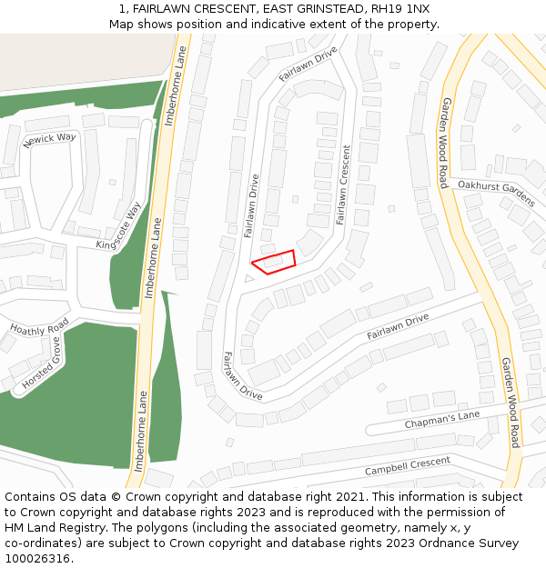 1, FAIRLAWN CRESCENT, EAST GRINSTEAD, RH19 1NX: Location map and indicative extent of plot