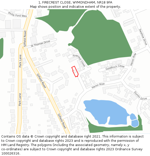 1, FIRECREST CLOSE, WYMONDHAM, NR18 9FA: Location map and indicative extent of plot