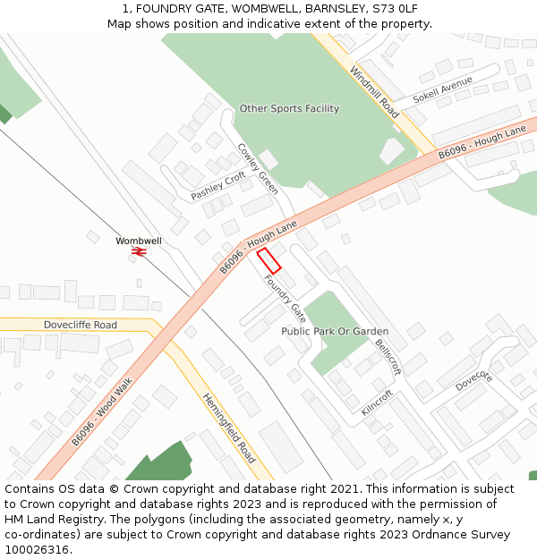 1, FOUNDRY GATE, WOMBWELL, BARNSLEY, S73 0LF: Location map and indicative extent of plot