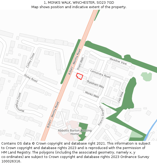 1, MONKS WALK, WINCHESTER, SO23 7GD: Location map and indicative extent of plot