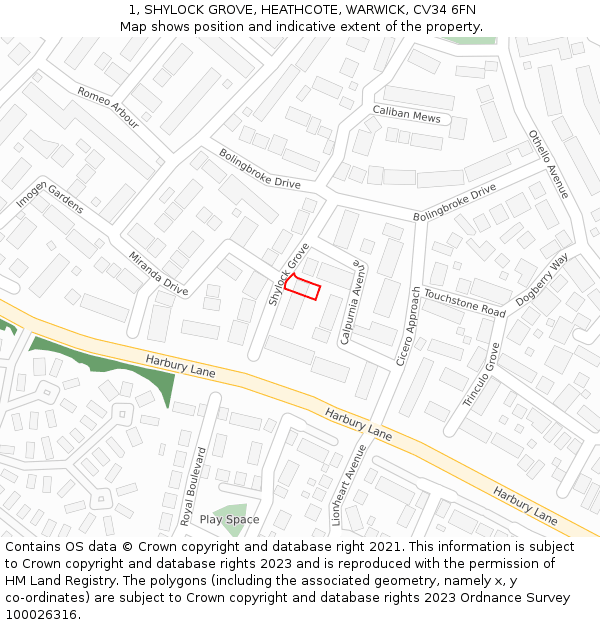 1, SHYLOCK GROVE, HEATHCOTE, WARWICK, CV34 6FN: Location map and indicative extent of plot
