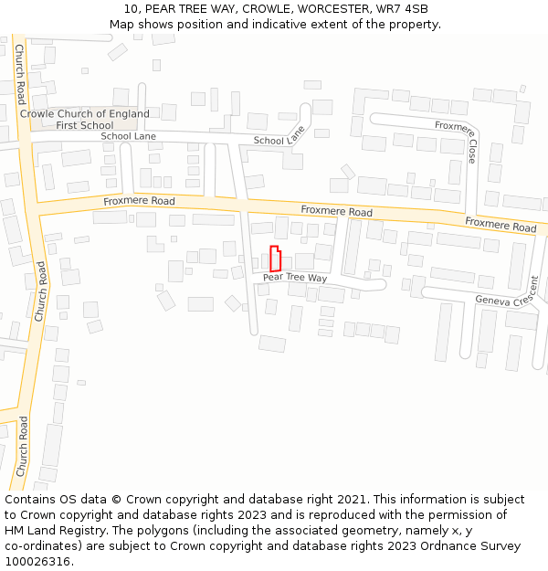 10, PEAR TREE WAY, CROWLE, WORCESTER, WR7 4SB: Location map and indicative extent of plot