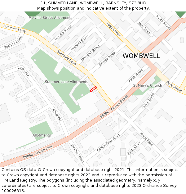 11, SUMMER LANE, WOMBWELL, BARNSLEY, S73 8HD: Location map and indicative extent of plot