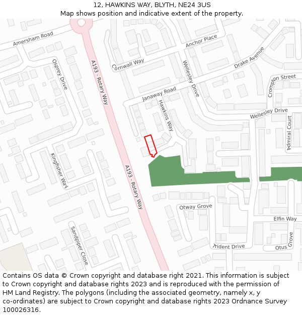 12, HAWKINS WAY, BLYTH, NE24 3US: Location map and indicative extent of plot