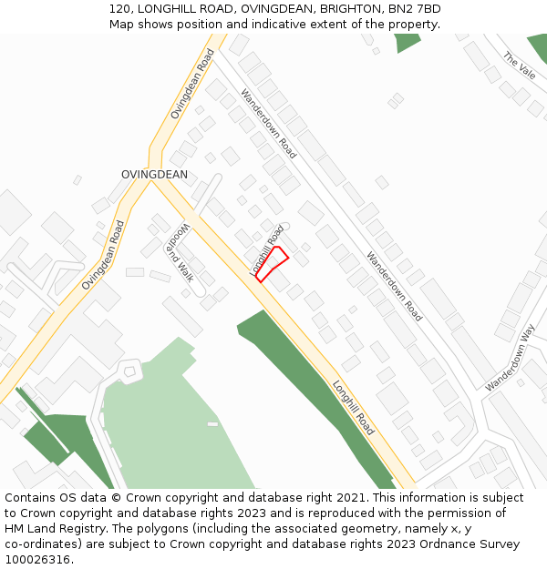 120, LONGHILL ROAD, OVINGDEAN, BRIGHTON, BN2 7BD: Location map and indicative extent of plot