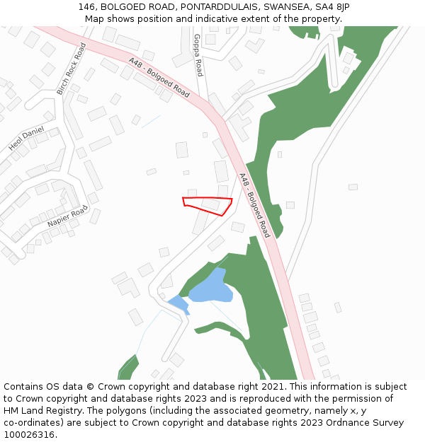146, BOLGOED ROAD, PONTARDDULAIS, SWANSEA, SA4 8JP: Location map and indicative extent of plot