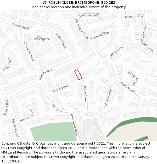 15, ROSLIN CLOSE, BROMSGROVE, B60 2EZ: Location map and indicative extent of plot