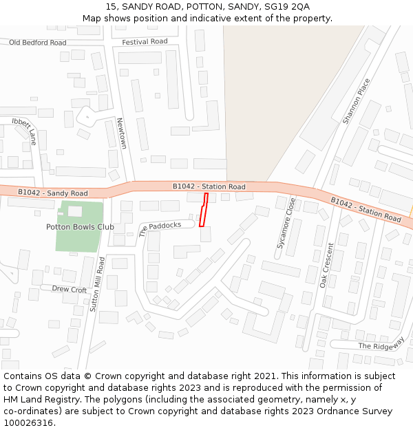 15, SANDY ROAD, POTTON, SANDY, SG19 2QA: Location map and indicative extent of plot