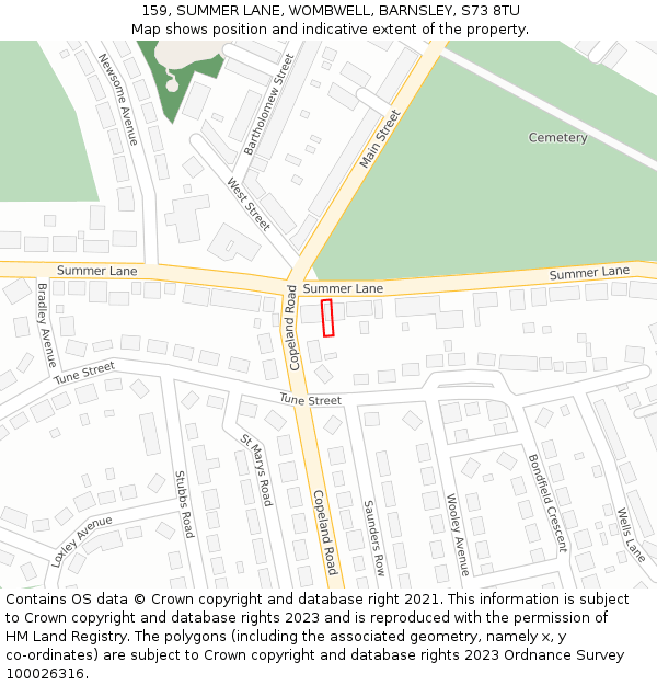 159, SUMMER LANE, WOMBWELL, BARNSLEY, S73 8TU: Location map and indicative extent of plot