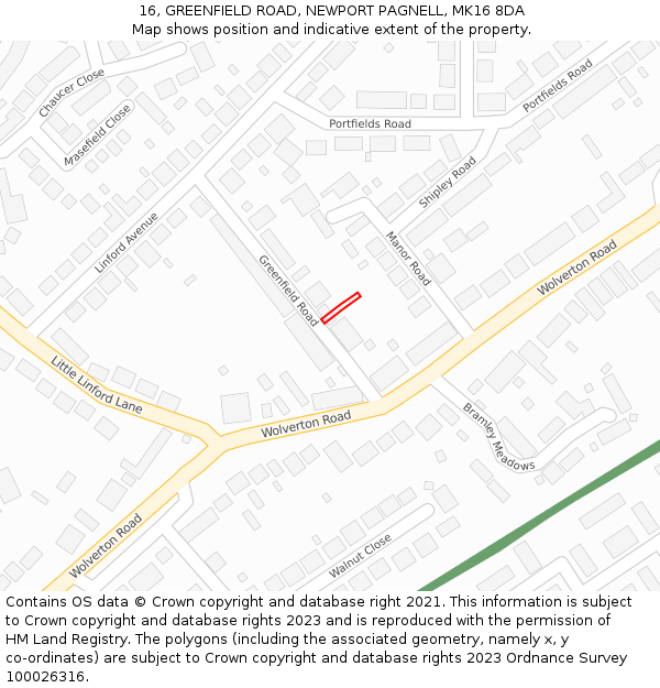 16, GREENFIELD ROAD, NEWPORT PAGNELL, MK16 8DA: Location map and indicative extent of plot