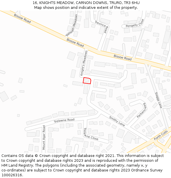 16, KNIGHTS MEADOW, CARNON DOWNS, TRURO, TR3 6HU: Location map and indicative extent of plot