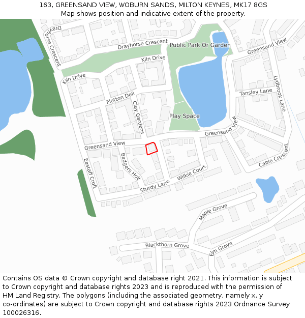 163, GREENSAND VIEW, WOBURN SANDS, MILTON KEYNES, MK17 8GS: Location map and indicative extent of plot
