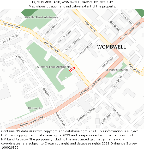 17, SUMMER LANE, WOMBWELL, BARNSLEY, S73 8HD: Location map and indicative extent of plot