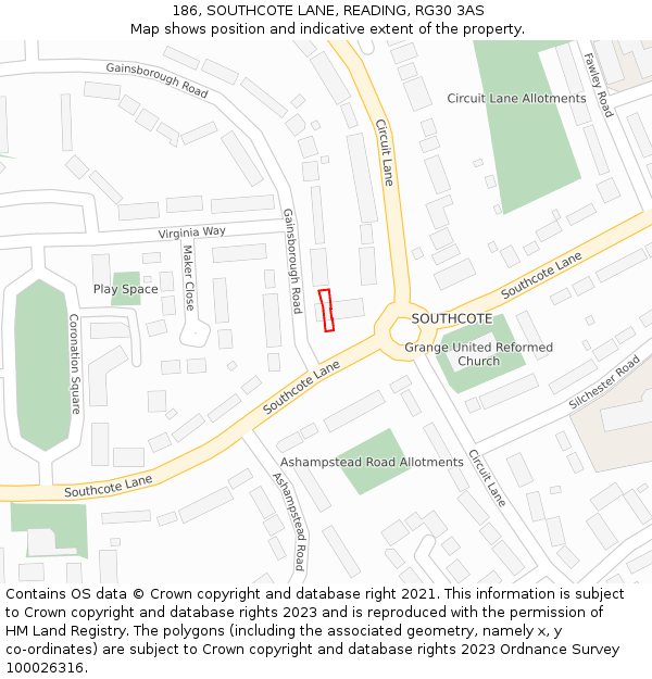 186, SOUTHCOTE LANE, READING, RG30 3AS: Location map and indicative extent of plot