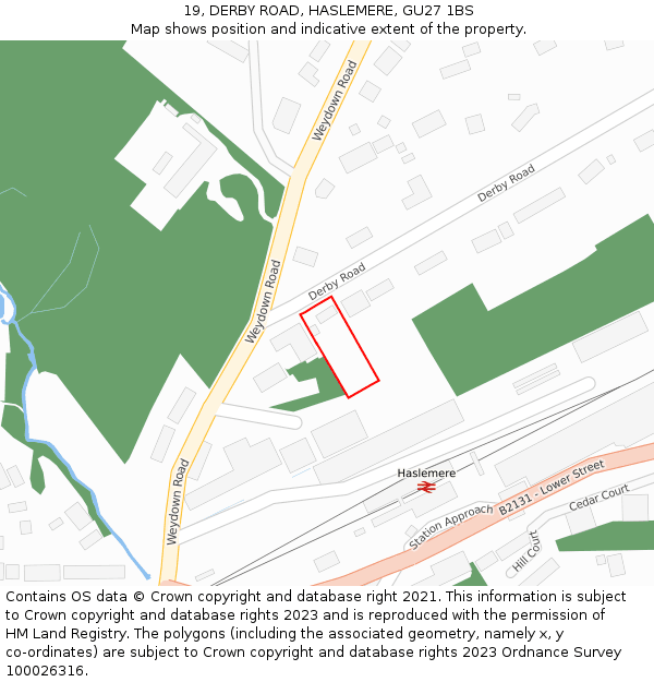 19, DERBY ROAD, HASLEMERE, GU27 1BS: Location map and indicative extent of plot