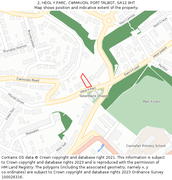 2, HEOL Y PARC, CWMAVON, PORT TALBOT, SA12 9HT: Location map and indicative extent of plot