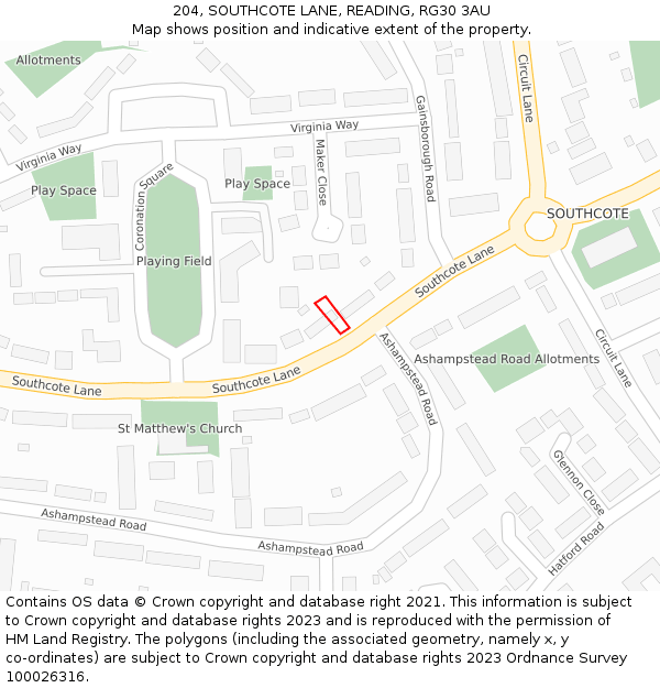 204, SOUTHCOTE LANE, READING, RG30 3AU: Location map and indicative extent of plot