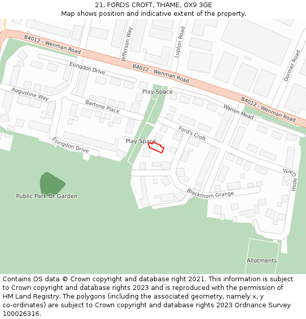 21, FORDS CROFT, THAME, OX9 3GE: Location map and indicative extent of plot