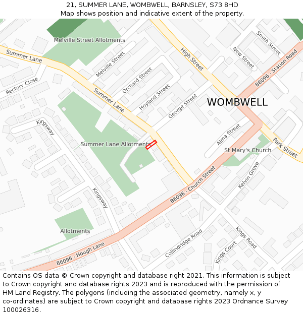 21, SUMMER LANE, WOMBWELL, BARNSLEY, S73 8HD: Location map and indicative extent of plot