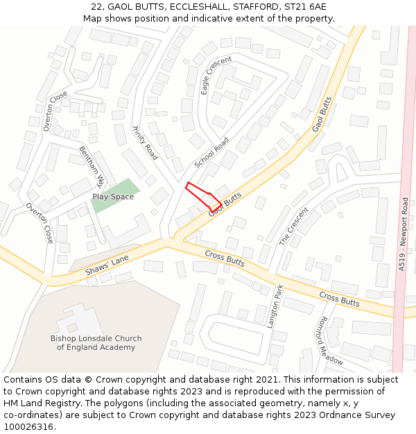 22, GAOL BUTTS, ECCLESHALL, STAFFORD, ST21 6AE: Location map and indicative extent of plot