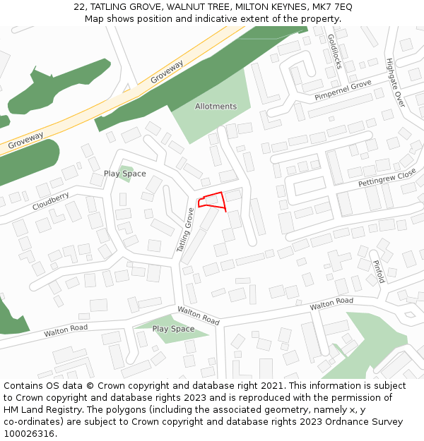 22, TATLING GROVE, WALNUT TREE, MILTON KEYNES, MK7 7EQ: Location map and indicative extent of plot