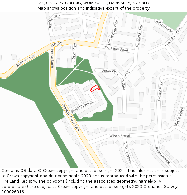 23, GREAT STUBBING, WOMBWELL, BARNSLEY, S73 8FD: Location map and indicative extent of plot